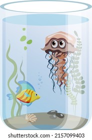 Cylinder aquarium with colorful fish, jellyfish and seaweed, isolated on white background