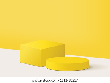 Escena mínima abstracta del fondo del cilindro con plataforma geométrica amarilla. Representación 3d del vector de fondo de verano con podio. para mostrar productos. Escenario Mostrar en el estudio peatonal moderno 3d amarillo