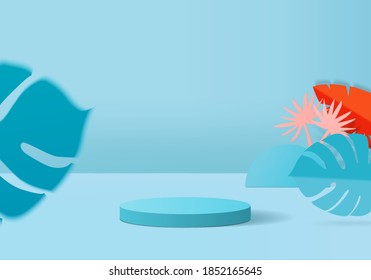 Cylinder background minimal scene with leaf platform. Summer background vector 3d rendering with platform. stand to show cosmetic products. Stage showcase on pedestal modern 3d studio blue pastel