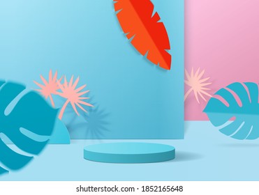 Cylinder background minimal scene with leaf platform. Summer background vector 3d rendering with podium. stand to show cosmetic products. Stage showcase on podium modern 3d studio blue and pink pastel