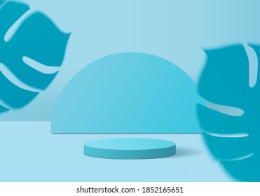 Cylinder background minimal scene with leaf platform. Summer background vector 3d rendering with pedestal. stand to show cosmetic products. Stage showcase on pedestal modern 3d studio blue pastel