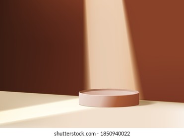 Cylinder background minimal scene with spotlight geometric platform. background vector 3d rendering with scene. stand to show cosmetic product. Stage showcase on pedestal modern 3d studio brown scene