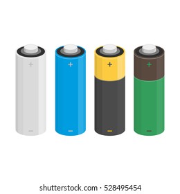 Cylinder batteries, type AA different colors in flat style. 