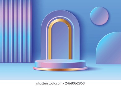 Cylinder blue and pink hologram product podium with arch and abstract decorative elements on wall of studio room. Realistic 3d vector goods display stage with pastel holographic gradient color.