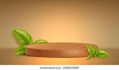 Cylinder brown podium with wood texture and green leaves in beige studio room interior with floor and wall. Realistic vector product display platform. Natural minimal pedestal composition template.