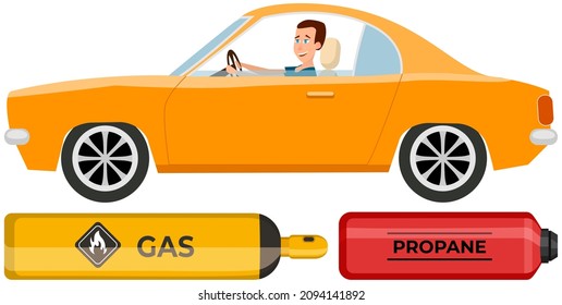 Cylinder, canister with fuel, gas storage. Container with flammable substance near man driving car. Metal tank with compressed propane. Pressurized gas cylinder next to guy in passenger automobile