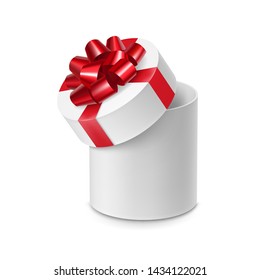 Cylinder cardboard box with glossy red ribbon bow mockup. Design element for cosmetic branding with shiny silk tape decoration. Realistic white 3d pasteboard container isolated vector illustration.