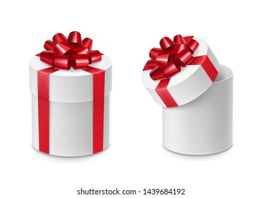 Cylinder cardboard boxes with glossy red ribbon bows mockup. Package for food, cookies and cake with shiny silk tape decoration. Realistic white 3d elegant containers isolated vector illustration.