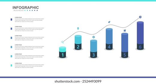 Dados estatísticos do gráfico cilíndrico Modelo de elementos infográficos, Conceito comercial Etapas da linha do tempo 6 para ilustração do diagrama econômico do relatório e da apresentação