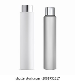 Cylinder cosmetic bottle. Plastic tubular bottle mockup. White shampoo bottle with silver cap, beauty cosmetic product blank. Toner or moisturizer container illustration, isolated tube blank