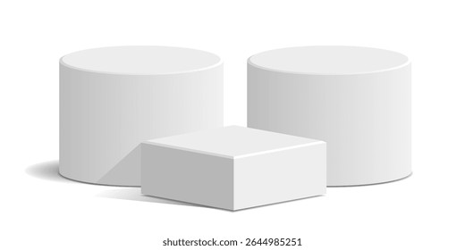 Cylinder and cube blocking white podium stage pedestal and platform vector, a minimalist display composition. Ideal for product showcases, geometric presentations, and modern abstract backdrops.