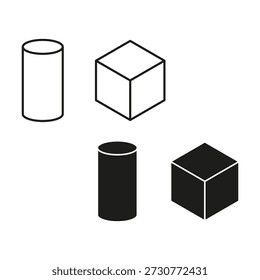 Cylinder cube set. Geometric shape Vector. Linear solid figure. 3D object collection. EPS 10.