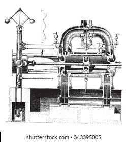 Cylinder Cup Corliss machine and views of the cam controller, vintage engraved illustration. Industrial encyclopedia E.-O. Lami - 1875.