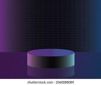 Cylinder cyberpunk podium with  purple 1980 vaporwave gradient background. Product presentation display, platform, template. Minimalist vector background