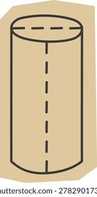 Cylinder with dashed centerline and top seam sketched on rough cut craft paper background in hand drawn style. Concept of geometry, measurement, education. Cartoon vector illustration.