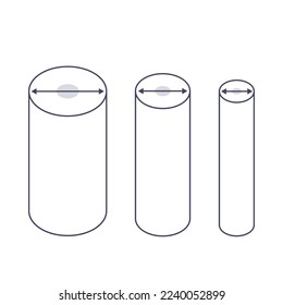 Cylinder diameter icon set. Distance measurement tool. Twice the radius length. The longest chord of the circle. Education concept. Vector illustration.