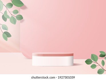 Cylinder display abstract minimal scene with leaf geometric platform. background vector 3d rendering with podium. stand to show cosmetic products. Stage showcase on pedestal modern 3d pink studio