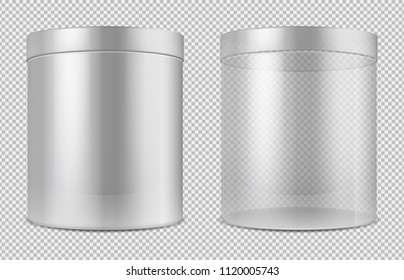 Cylinder empty transparent glass and white cans. Package for food, cookies and gifts vector template isolated. Illustration of cylinder empty and clean