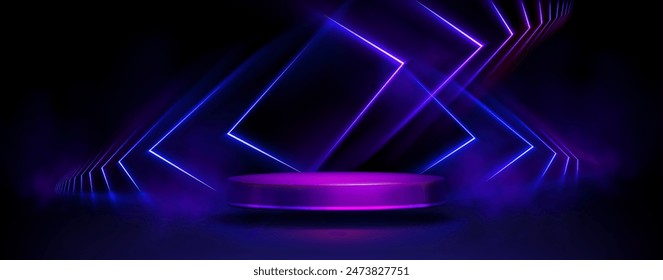 Cylinder flying podium with neon glowing abstract geometric shapes on wall and smoke clouds. Realistic 3d vector illustration of purple and blue luminous hi tech product platform on dark background.