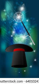 CYLINDER FOCUS HATS THE BLUE-GREEN BACKGROUND. FOCUS WITH MAGIC STYLE. MAGIC AND MIRACLE. Vertical orientation of the sheet. Illustration for your design.
