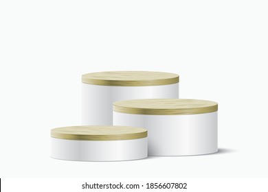 Cylinder form elegant pedestals with wooden covers, for cosmetic, or other product presentation. Abstract, aesthetic scene with geometric shape podiums, for object showcasing. Vector podium mockup.