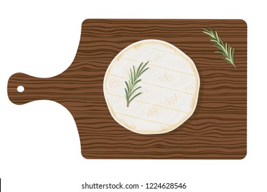 Cylinder of fresh creamy camembert de Normandie cheese with aromatic rosemary herbs on a wooden cutting board, top view. Traditional french dairy product. Vector hand drawn illustration. 