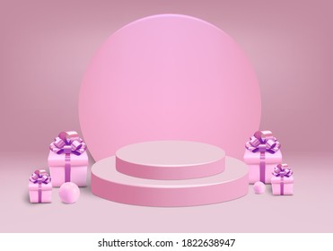 Cylinder with gift box and scene on the pink background