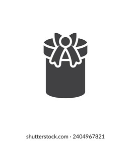 Icono vectorial de la caja de regalo del cilindro. signo plano relleno para concepto móvil y diseño web. Caja de regalo con icono de glifo de arco de cinta. Símbolo sorpresa presente, ilustración del logotipo. Gráficos vectoriales