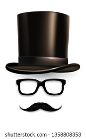 Cylinder, glasses, moustaches vector illustration. Face for video chat, selfie editing smartphone application. Mobile app mask isolated clipart. Realistic gentleman items for photo filter effects