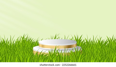 Cylinder golden podium in green background with grass. 3D stage podium display product. Gold podium in the green grass. Vector illustration