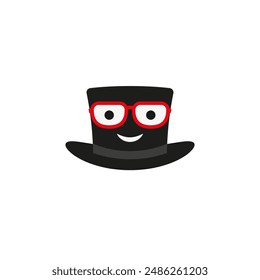 Cylinder hat with glasses. Top hat with a cheerful face. Vector illustration and drawing on a white background.