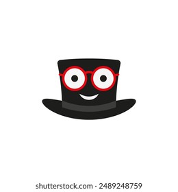 Cylinder hat with glasses. Top hat with a cheerful face. Vector illustration and drawing on a white background.