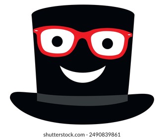 Cylinder hat with glasses. Top hat with a cheerful face. Vector illustration and drawing on a white background. eps 10