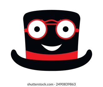 Cylinder hat with glasses. Top hat with a cheerful face. Vector illustration and drawing on a white background. eps 10