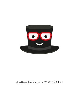 Cylinder hat with glasses. Top hat with a cheerful face. Vector illustration and drawing on a white background.