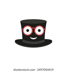 Cylinder hat with glasses. Top hat with a cheerful face. Vector illustration and drawing on a white background.