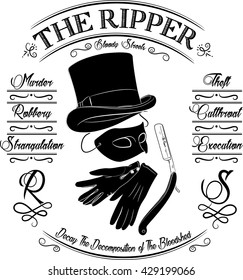 Cylinder hat, gloves, mask and straight razor, design in retro style, vector illustration