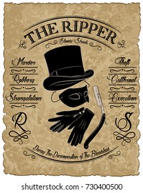 Cylinder hat, gloves, mask and straight razor, design in retro style, vector illustration