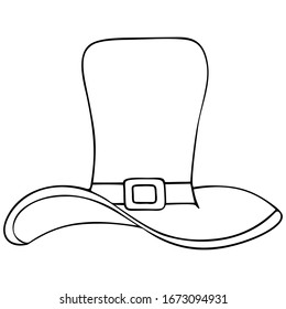 Cylinder hat. Leprechaun headdress. Vector illustration. Outline on an isolated white background. Doodle style. Sketch. Coloring book for children. Buckle decoration. Saint Patrick Day. Web design.