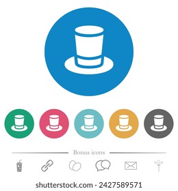 Cylinder hat solid flat white icons on round color backgrounds. 6 bonus icons included.