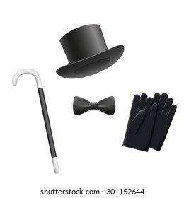 Cylinder hat, tie, gloves and walking stick isolated on white background. Vector Image Stock.