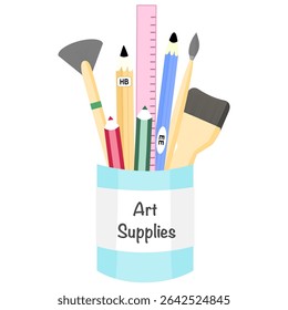 A cylinder holds art supplies including pencils, rulers, paintbrushes, and colors
