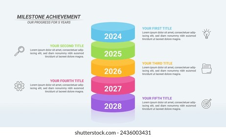 Cylinder Infographic Timeline with 5 Steps and Editable Text on a 16:9 Layout for Business Presentations, Management, and Evaluation.