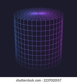 Forma geométrica de línea baja de polígono del color de neón, holograma de figura de geometría vectorial aislado. Perspectiva visual del cilindro de matemáticas poligonales