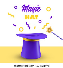 Cylinder magic hat and wand vector illustration. 3D Top hat isolated on white background