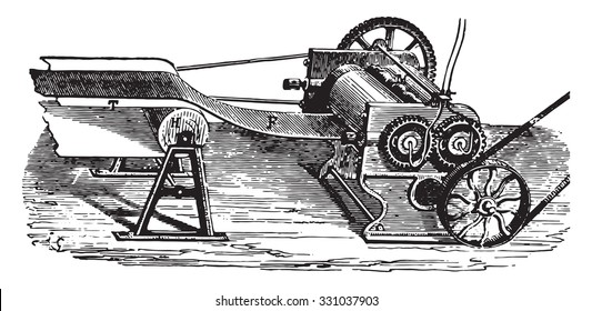 Cylinder for the manufacture of laminated rubber sheets, vintage engraved illustration. Industrial encyclopedia E.-O. Lami - 1875.
