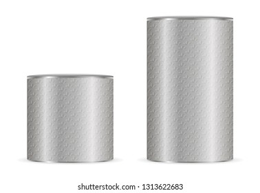 Cylinder Metal Can vector Template. Tea Container Mockup. 3d Realistic Silver Coffe or Spice Storage Packaging. Empty Round Aluminum Tin for Powder with Lid.