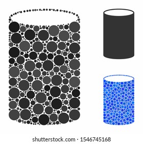 Cylinder mosaic of small circles in various sizes and color tints, based on cylinder icon. Vector random circles are grouped into blue mosaic. Dotted cylinder icon in usual and blue versions.