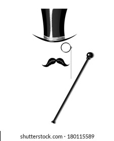Cylinder, moustache, monocle and cane isolated on white. Vector illustration.
