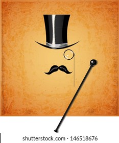 Cylinder, moustache, monocle and cane on vintage background. Vector illustration 